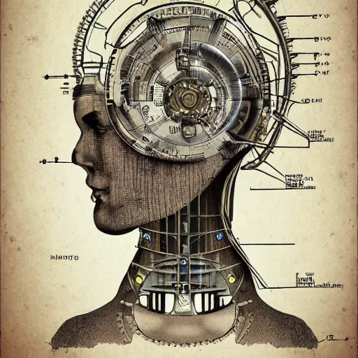 Image similar to schematic view of a steampunk human head, technical drawing, blueprint