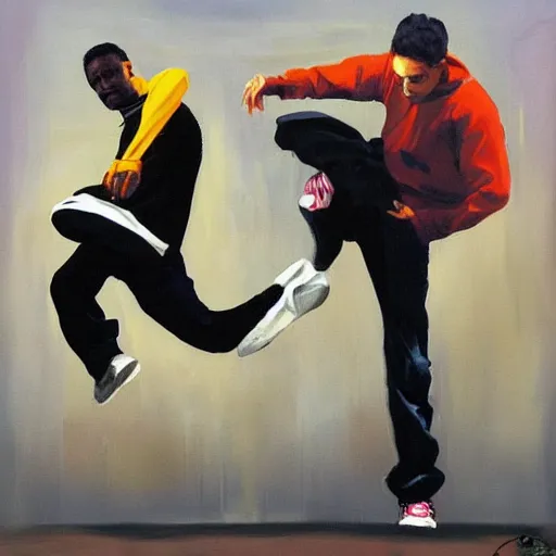 Image similar to painting of breakdancers in baggy 90s clothing in the style of michael carson