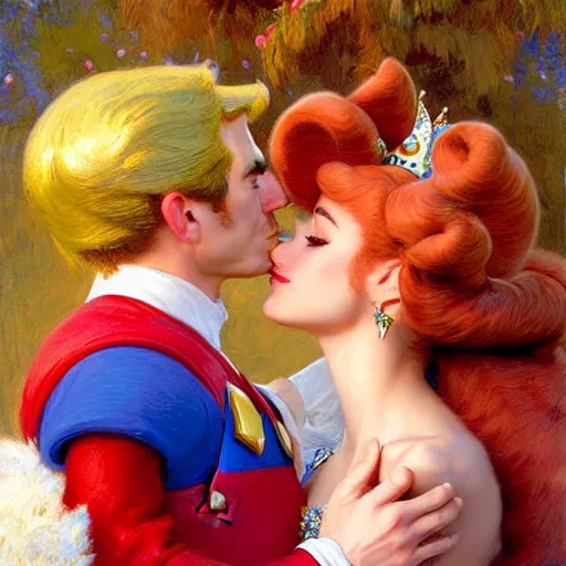 Image similar to a portrait of a super mario kissing princess peach. highly detailed painting by gaston bussiere, craig mullins, j. c. leyendecker, furry