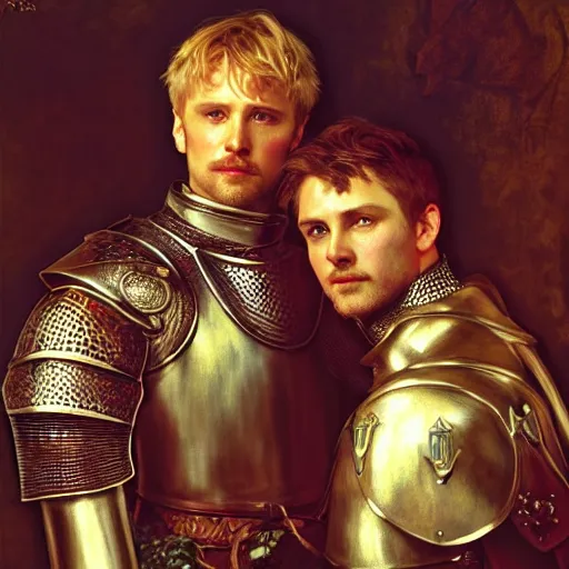 Image similar to attractive arthur pendragon and his attractive male knight, they are in love, natural lighting, path traced, highly detailed, high quality, digital painting, by gaston bussiere, craig mullins, alphonse mucha j. c. leyendecker