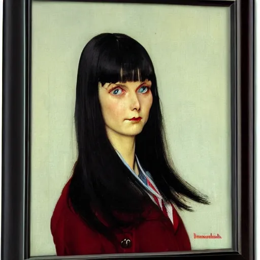 Prompt: frontal portrait of a woman with ice Blue eyes, long straight black bangs and a red coat, by Norman Rockwell and Gerald Brom