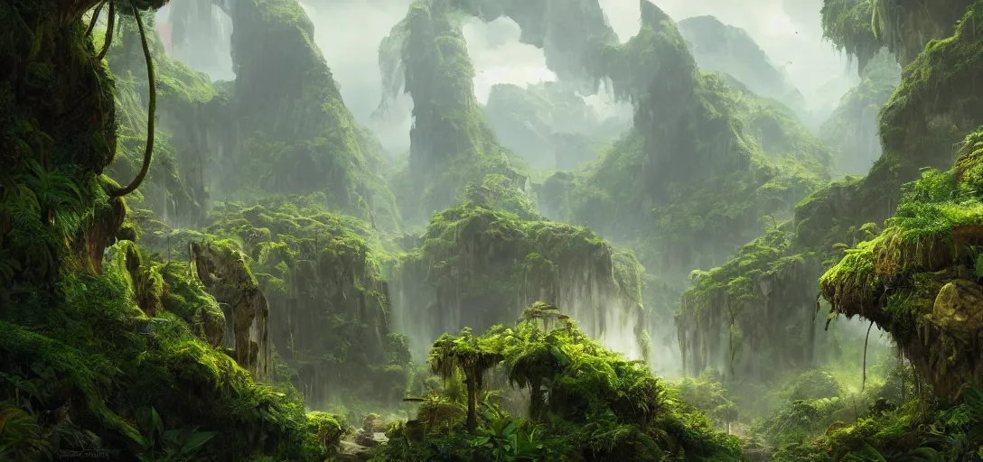 Image similar to the lost valley, rock arcs, lush vegetation, exotic forrest and plants, landscape, alex ross, eddie mendoza, raphael lacoste, sebastian ludke, concept art, matte painting, highly detailed, rule of thirds, dynamic lighting, cinematic, detailed, magnificiant landscape, denoised, centerd