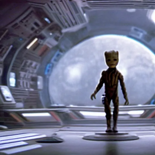 Image similar to Film still of Baby Groot walking around on the Death star, from Star Wars (1977)