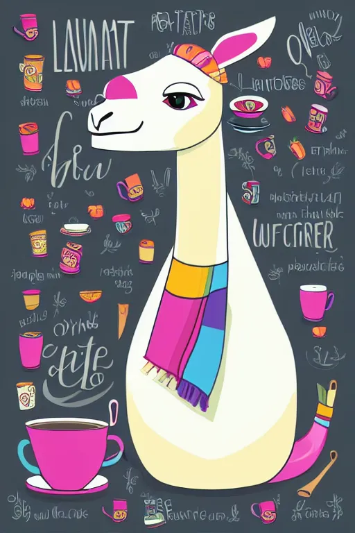 Prompt: Portrait of cute llama drinking tea, full body, sticker, andromorphic, colorful, illustration, highly detailed, simple, smooth and clean vector curves, no jagged lines, vector art, smooth