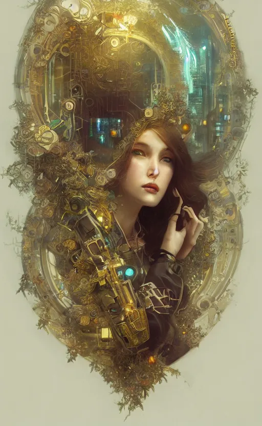 Image similar to hyper realistic time machine, cyberpunk, design on white background, beautiful details, lush foliage cyberpunk, gold, drawn by john singer sargent, tom bagshaw, norman rockwell, alphonso mucha, lolish, trending on artstation