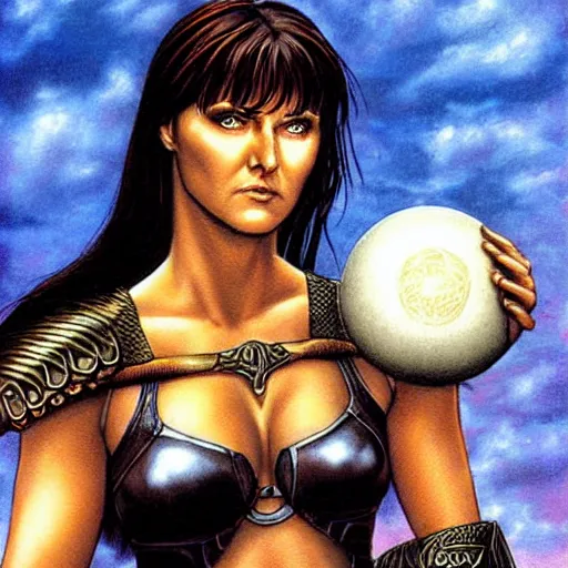 Prompt: Xena the warrior princess pondering her Orb by Todd Lockwood