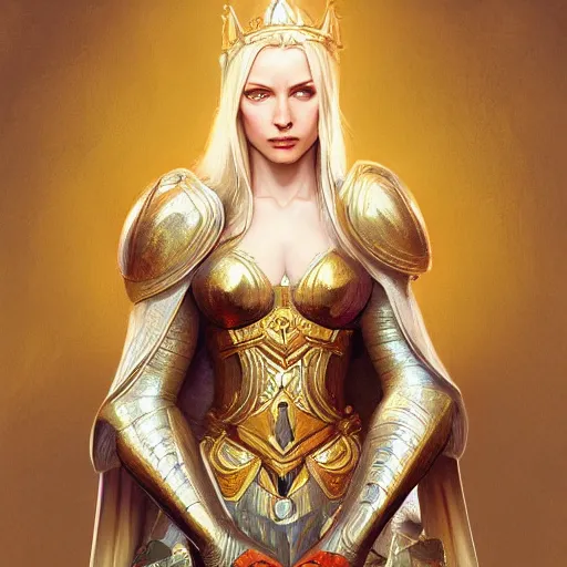 Image similar to A beautiful digital painting of a strong blonde woman, in a regal armor, queen, D&D, fantasy, intricate, cinematic lighting, highly detailed, digital painting, Artstation, concept art, smooth, sharp focus, illustration, art by Artgerm and Greg Rutkowski and Alphonse Mucha