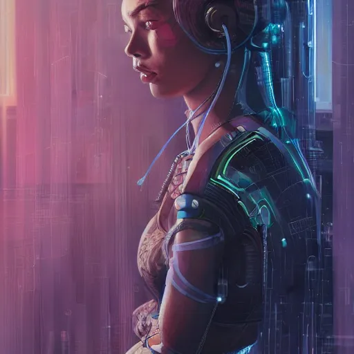 Prompt: portrait of cyberpunk woman looking out of a window, cyberpunk setting, futuristic, highly detailed, intricate lighting, digital painting, sharp focus, illustration, trending on artstation, art by anna dittmann.