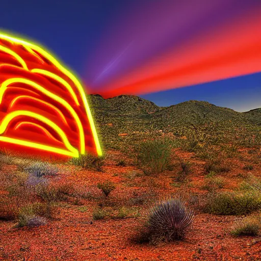 Image similar to a neon sign depicting the arizona desert, digital art, highly detailed, realistic, bright colors, 8 k