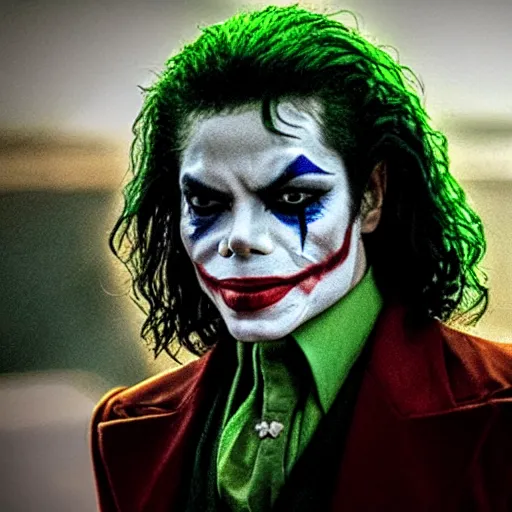 Image similar to stunning awe inspiring michael jackson as the joker, movie still 8 k hdr atmospheric lighting