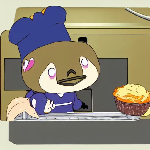 Image similar to anime style cute platypus on a kitchen wearing a chef hat and holding a lasagna into an oven, anime style, 3 d, chibi style