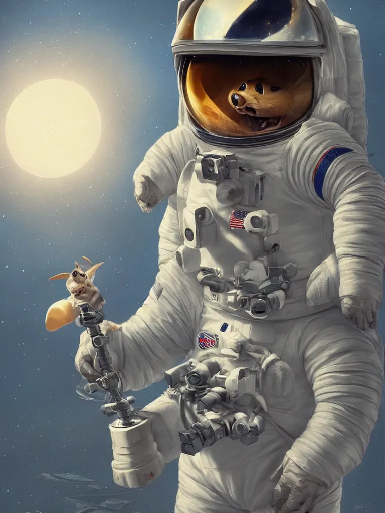 Image similar to an adorable chipmunk in an astronaut suit on the moon, warm lighting with cool shadows, digital painting, detailed, trending on artstation, in the style of dominik mayer thomas dubois, gaston bussiere