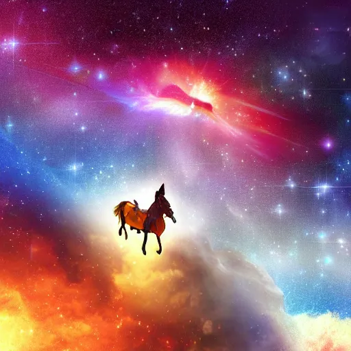 Image similar to a sandwich riding a horse in a explosion of a nebula, digital art