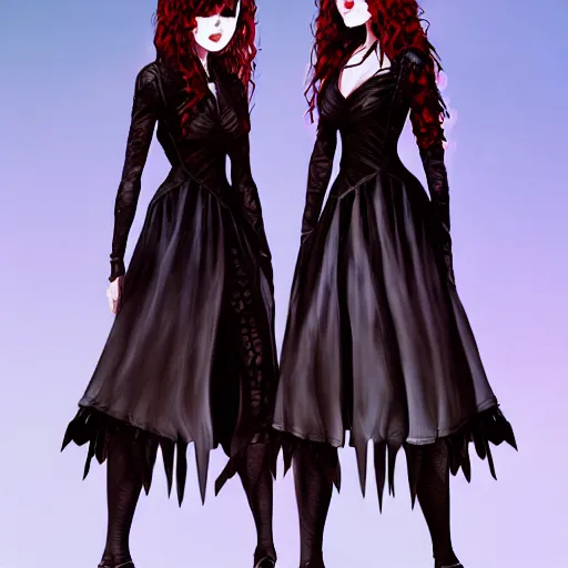 Prompt: twins wearing a gothic dress, full body shot, red hair, highly detailed, digital painting, artstation, concept art, smooth, sharp focus, illustration