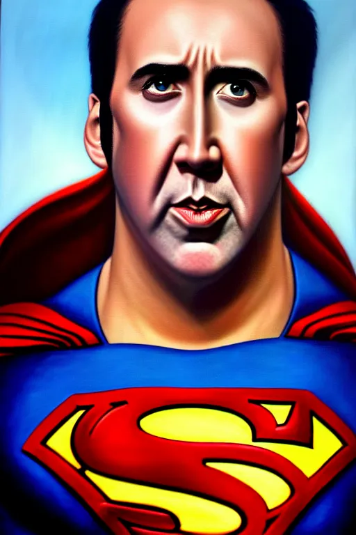 Prompt: portrait of nicolas cage as superman looking away from the camera, intricate, extremely detailed oil painting by mark brooks, artstation