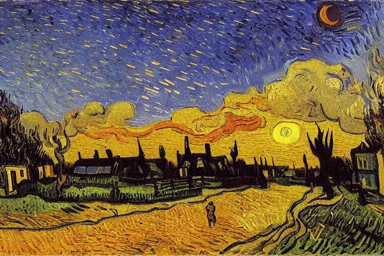 Image similar to oil painting of a Dutch landscape called het Beuven in Someren, by sunset, painted by Vincent Van Gogh