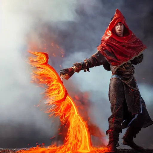 Image similar to fire mage casting pyroblast, realistic 8 k professional photography, midday lighting, defiant, octane, volumetric lighting, 7 0 mm,