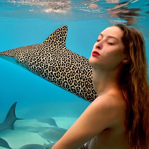 Image similar to masterpiece full body portrait of a beautiful woman swimming with a leopard shark, dynamic lighting,, national geographic, stunning