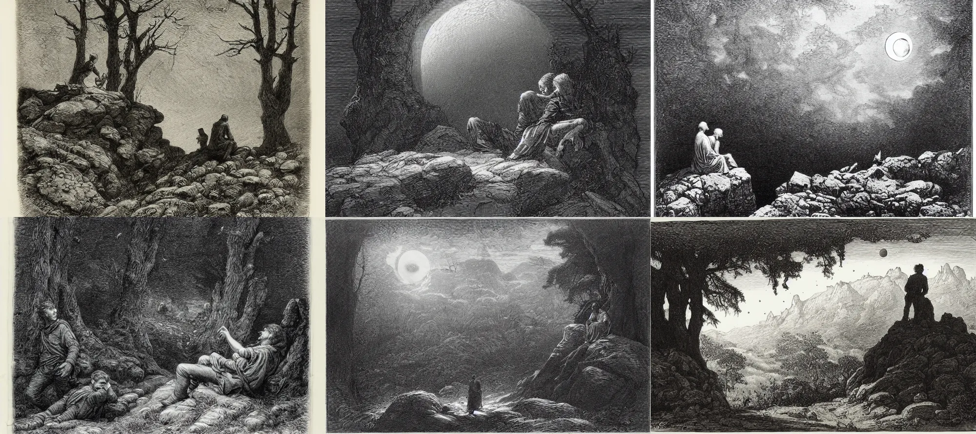 Prompt: an engraving of two men contemplating the moon on a rock in the forest by gustave dore, caspar david friedrich, ian miller, highly detailed, strong shadows, depth, lithograph engraving