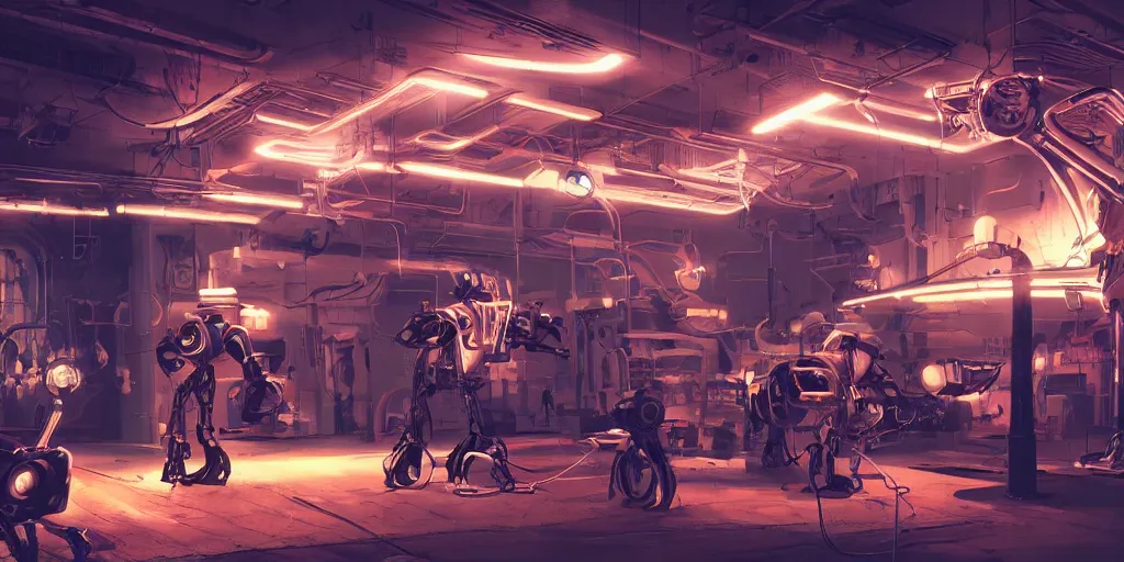 Image similar to concept art, retro - futurist robot repair workshop, neon glow, volumetric lighting, strong shadows, soft reflections, glowing robot motifs, octane render, curves, syd mead, akihiko yoshida, cinematic