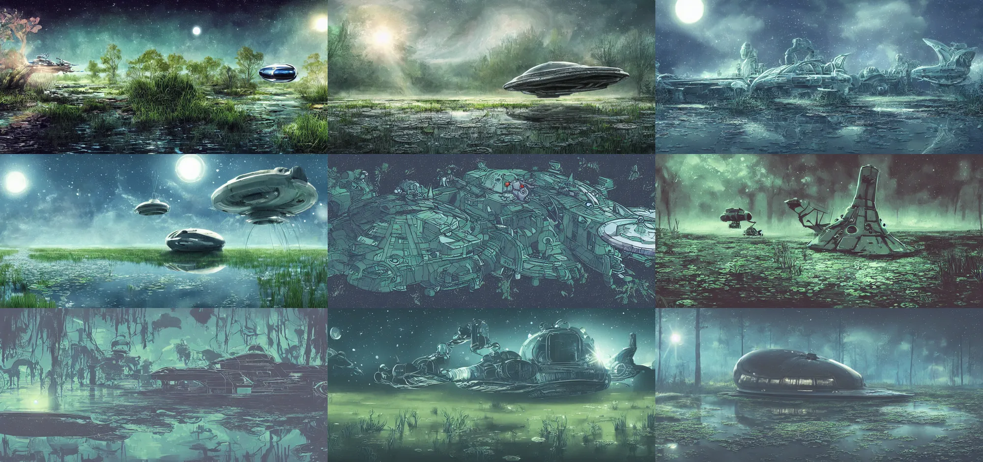 Prompt: illustration of a cute spaceship, detailed morning watery swamp, early morning