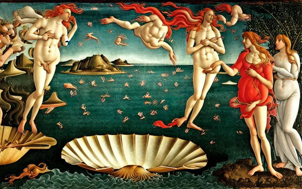 Image similar to sandro botticelli. very soft, delicate light. birth of venus raving.