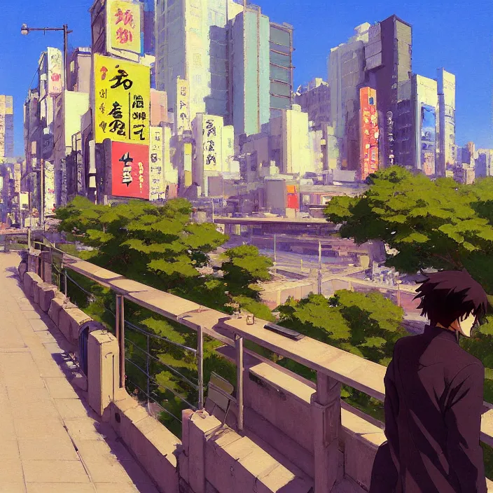 Prompt: front view painting of a stone railing urban japanese city in the background in the style of cowboy bebop, anime style, calm, sunny day, bright, artwork by jeremy lipkin and giuseppe dangelico pino and michael garmash and rob rey and greg manchess and huang guangjian and makoto shinkai, sharp edges, simple form, 1 0 0 mm