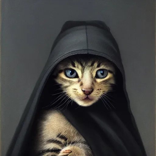 Image similar to a portrait of a kitten wearing a black hood, cloak covering face, anatomically correct, beautiful perfect face, enigmatic, oil painting, matte, black background, Volumetric dynamic lighting, Highly Detailed, Cinematic Lighting, Unreal Engine, 8k, HD, by Beksinski