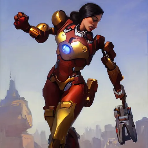 Image similar to greg manchess portrait painting of a female ironman as overwatch character, medium shot, asymmetrical, profile picture, organic painting, sunny day, matte painting, bold shapes, hard edges, street art, trending on artstation, by huang guangjian, gil elvgren, ruan jia, greg rutkowski, gaston bussiere