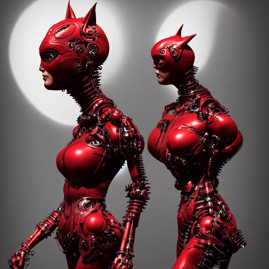 Prompt: portrait, super hero pose, catwoman red biomechanical dress, inflateble shapes, wearing epic bionic cyborg implants, masterpiece, intricate, biopunk futuristic wardrobe, highly detailed, art by akira, mike mignola, artstation, concept art, background galaxy, cyberpunk, octane render