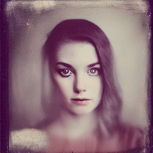 Prompt: fuji film, wetplate, motion blur, realistic character portrait photo of a beautiful woman, muted colours, by britt marling, glitter