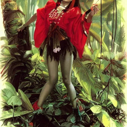 Prompt: a simon bisley of reimu in the jungle wearing bonnet