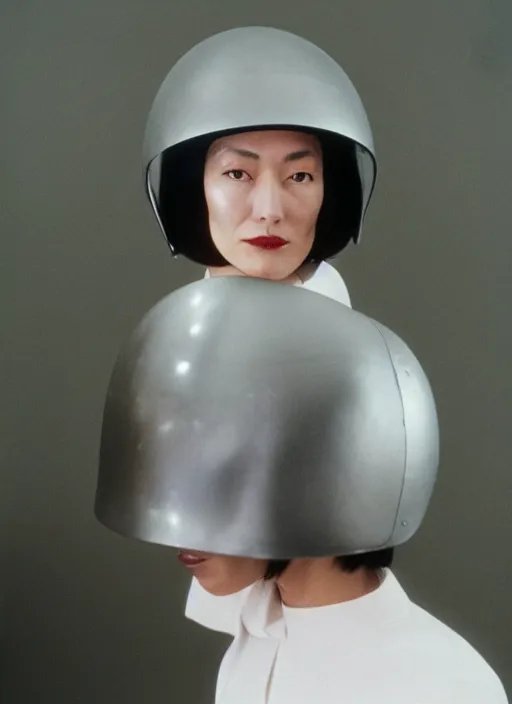 Image similar to a fashion portrait photograph of a woman wearing a helmet designed by tadao ando, 3 5 mm, color film camera,