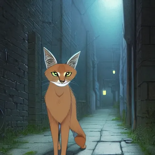 Image similar to a wholesome animation key shot of a focused cute caracal in an abandoned alleyway, medium shot, waist up, studio Ghibli, Pixar and Disney animation, sharp, very detailed, high resolution, Rendered in Unreal Engine 5, anime key art by Greg Rutkowski, Bloom, dramatic lighting