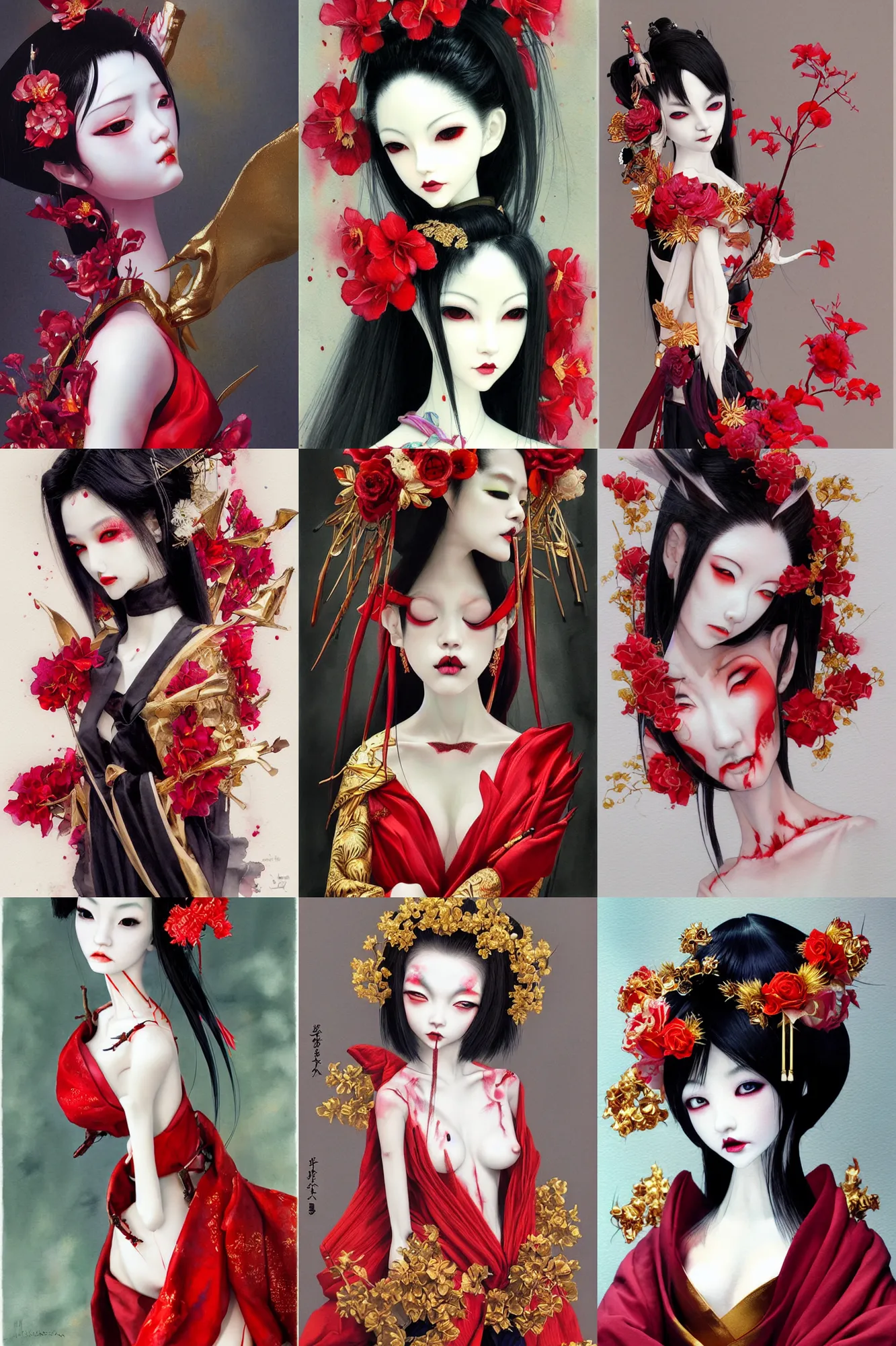 Prompt: watercolor painting of a japanese bjd geisha vampire with a long neck by hajime sorayama, irakli nadar, amy sol, epic dark - fantasy, red, gold flowers, black, surrealism, artgerm
