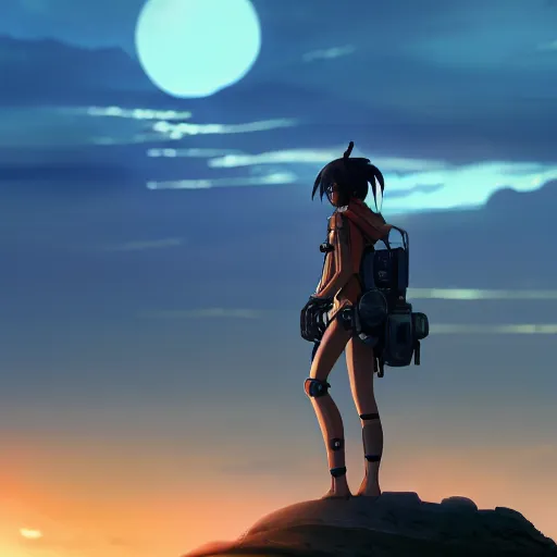 Image similar to A cyborg girl standing on the hill looking at the sea with a sunset in style of Makoto Shinkai and Cyberpunk. ArtStation, 8K, Highly Detailed, Intricate, Album Art.