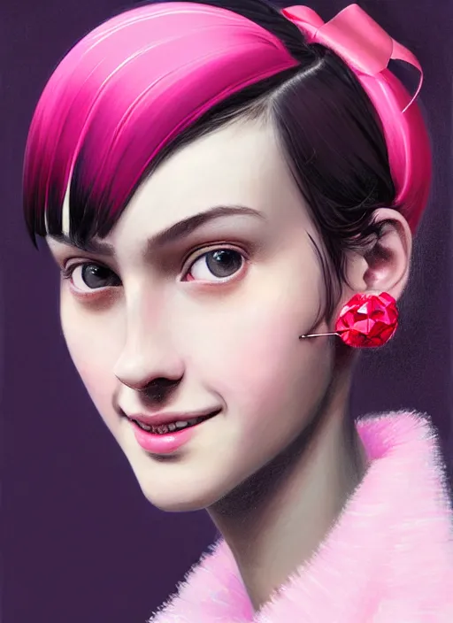 Image similar to portrait of high school girl, realistic, black hair, bangs, half updo hairstyle, pointy nose, skinny, smile, ugly, defined jawline, big chin, pink hair bow, earrings, intricate, elegant, glowing lights, highly detailed, digital painting, artstation, sharp focus, illustration, art by wlop, mars ravelo and greg rutkowski