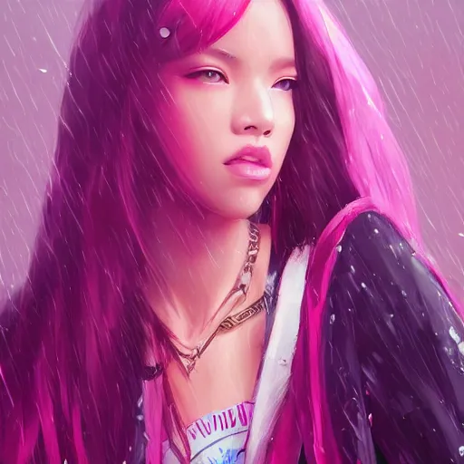 Prompt: “ a portrait of lisa from blackpink, rainy background, pink bright art masterpiece artstation. 8 k, sharp high quality artwork in style of jose daniel cabrera pena and greg rutkowski, concept art by tooth wu, hearthstone card game artwork. ”