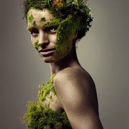 Image similar to beautiful portrait of a woman\'s face, her skin made of moss, flowers growing from her head, golden sunlight, extremely detailed, hyperrealistic, photo by annie leibovitz, masterpiece, award-winning