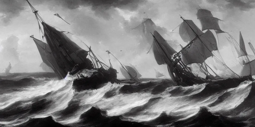 Prompt: A wooden ship wreck muscular sailors waves swell black and white Renaissances painting by George Romney