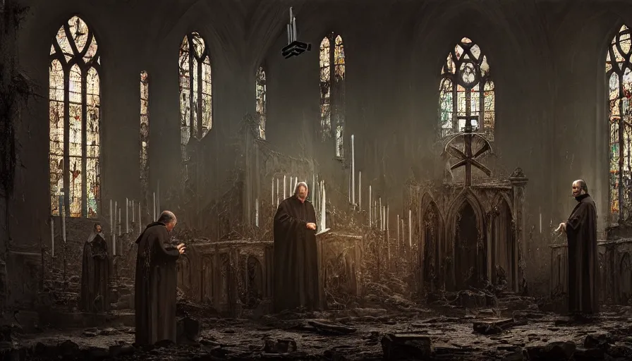 Image similar to dark rotting priest conducts rite of baptism, destroyed church, blood, symbols, religion, death, fear, horror, ultra realistic, hyperrealism,, fine details, detailed and intricate environment, by stephan koldi, by marc simonetti, 4 k