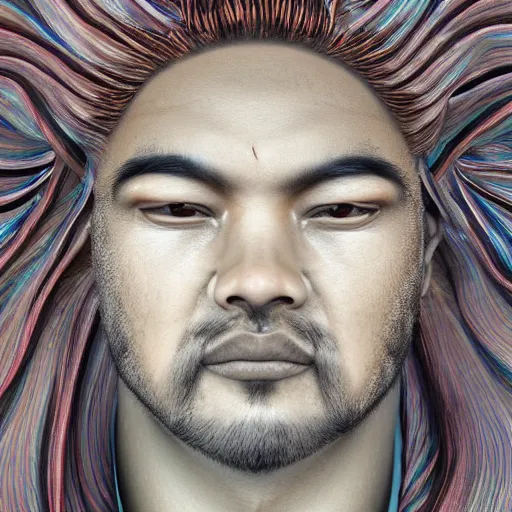 Image similar to a highly detailed radiosity 3d render of a man's face with long hair in kimono, an airbrush painting by David Alfaro Siqueiros, featured on pixiv, metaphysical painting, airbrush art, grotesque, wiccan, unreal engine 5, unreal engine, cryengine