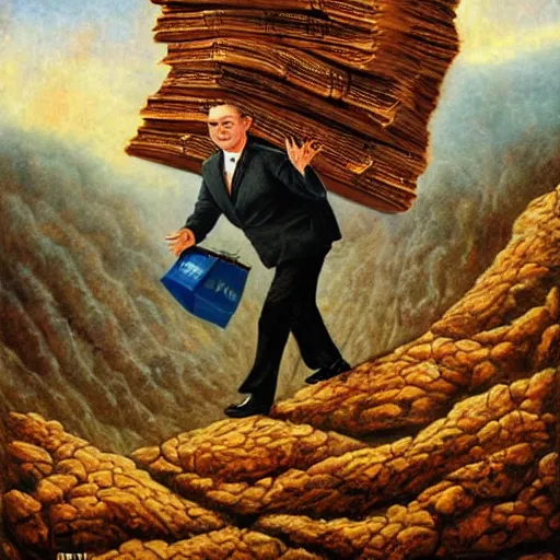 Image similar to Benjamin Netanyahu carrying sacks of money up a mountain in hell, by Michael Cheval