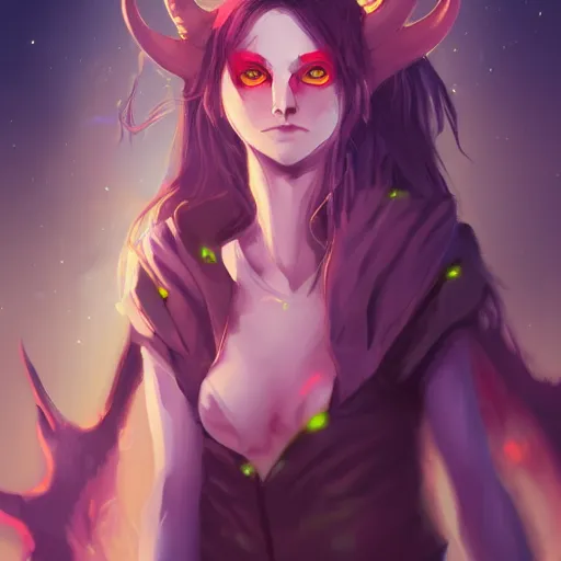 Image similar to a pale redheaded demoness with yellow eyes and horns wearing a jacket, dark spot around eye, highly detailed, galaxy background, digital painting, artstation, matte, by makoto shinkai, animation style