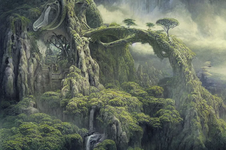 Image similar to Himeji Rivendell overlooks the Garden of Eden, amazing concept painting, fantasy landscape, castle, valley, waterfalls, trees, by Jessica Rossier by HR giger by Beksinski, by brian Froud