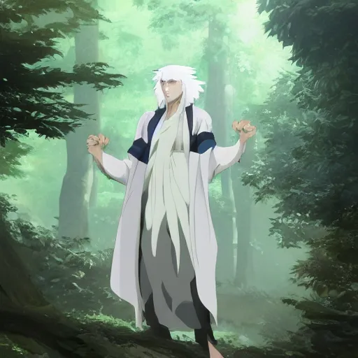 Image similar to concept art painting of an anthropomorphic anime style white raven wearing dark blue robes, in the deep forest, realistic, detailed, cel shaded, in the style of makoto shinkai and greg rutkowski and james gurney