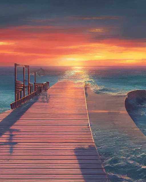 Image similar to view from a beach, marmalade sky with boardwalk along the ocean, trending on artstation, cgsociety, polycount, illustrated by greg rutkowski, intricate, detailed