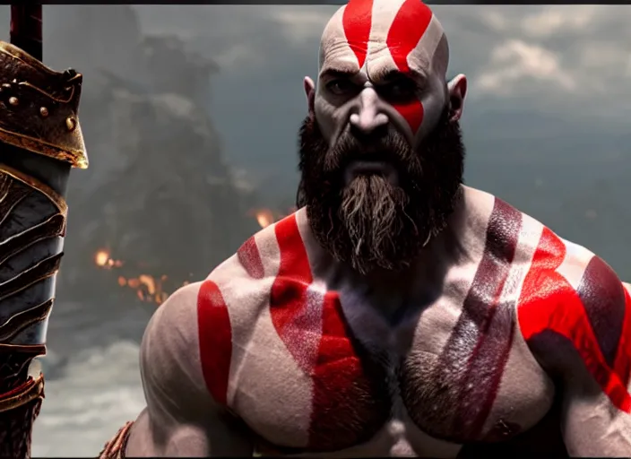 Image similar to in game screenshot of kratos victoriously holding up a!!! computer mouse!!! in the new god of war video game, 4 k