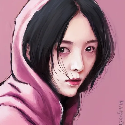 Prompt: Portrait of a woman by Greg Rutkowski, she is about 18 years old, mixture between japanese and british, messy bob black hair, young, pale, tired but friendly look, she's wearing a a pink oversized hoodie and a black adidas tracksuit, highly detailed portrait, scifi, digital painting, artstation, concept art, smooth, sharp foccus ilustration, Artstation HQ