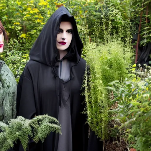 Prompt: a goth brunette woman in a black hooded cloak, standing beside a butch blonde tomboy woman engineer, in a garden at night, soft and romantic